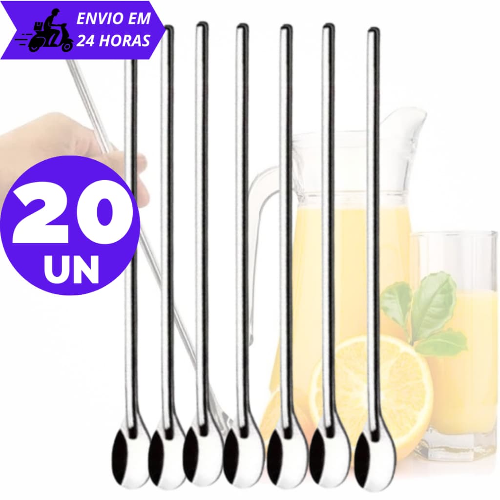 KIT Colher de Suco Bailarina em Aço Inox 30 cm para Drinks Suco Coquetel pra Bar Restaurante Cozinha
