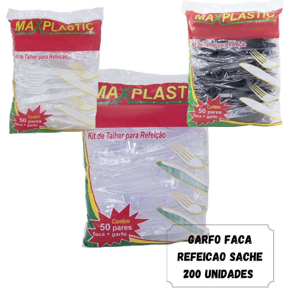 PACOTE 200 UNID GARFO+FACA EMBALADOS UM A UM MAXPLASTIC REFORCADOS REFEICAO