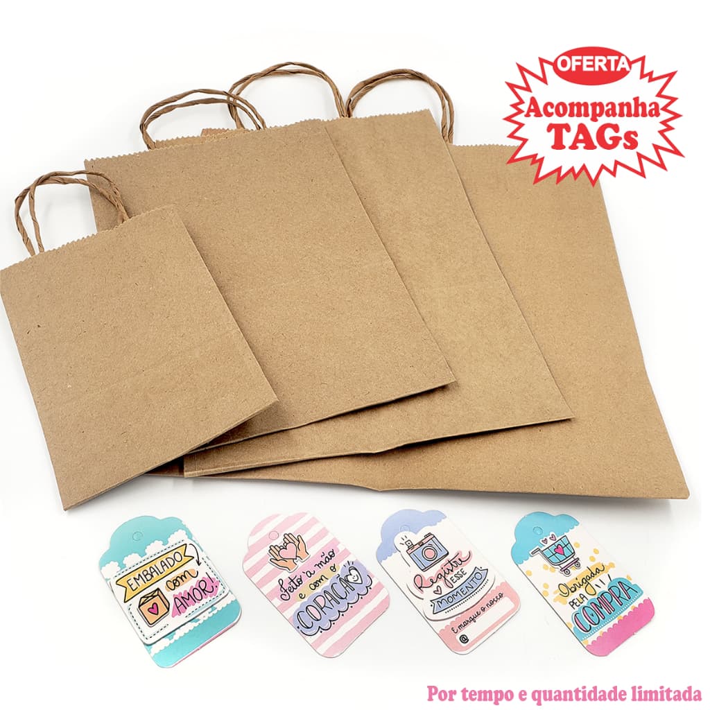 35 Sacola de Papel Kraft Pardo Delivery C/ Alça (com TAG de agradecimento) Escolha o Tamanho