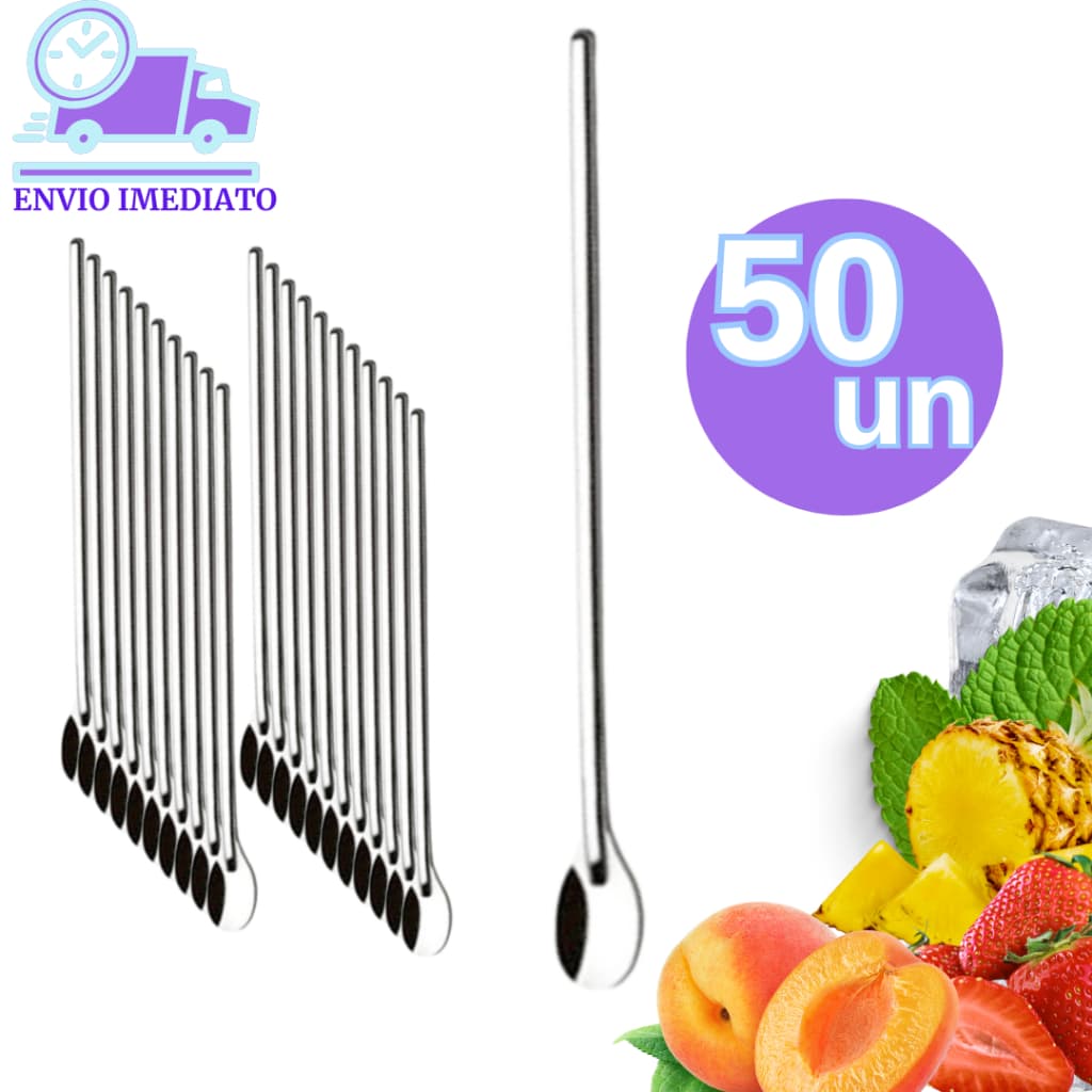 Kit 50 Colher de Suco Bailarina Aço Inox 30,2 cm Para Bebidas Drinks Bar Restaurante Pizzaria Lanchonete