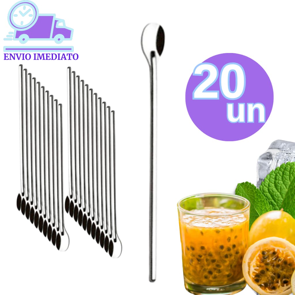 Kit 20 Colher Bailarina de suco Inox 30,2 cm Misturar Bebidas Drinks Refrigerantes para Casas Bares Restaurantes Pizzaria Lanchonete