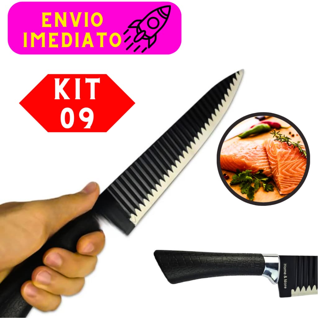 Kit 09 Faca Shark Chef Profissional 8 Polegadas Carne Peixes e Legumes Super Afiada Aço 100% Inox