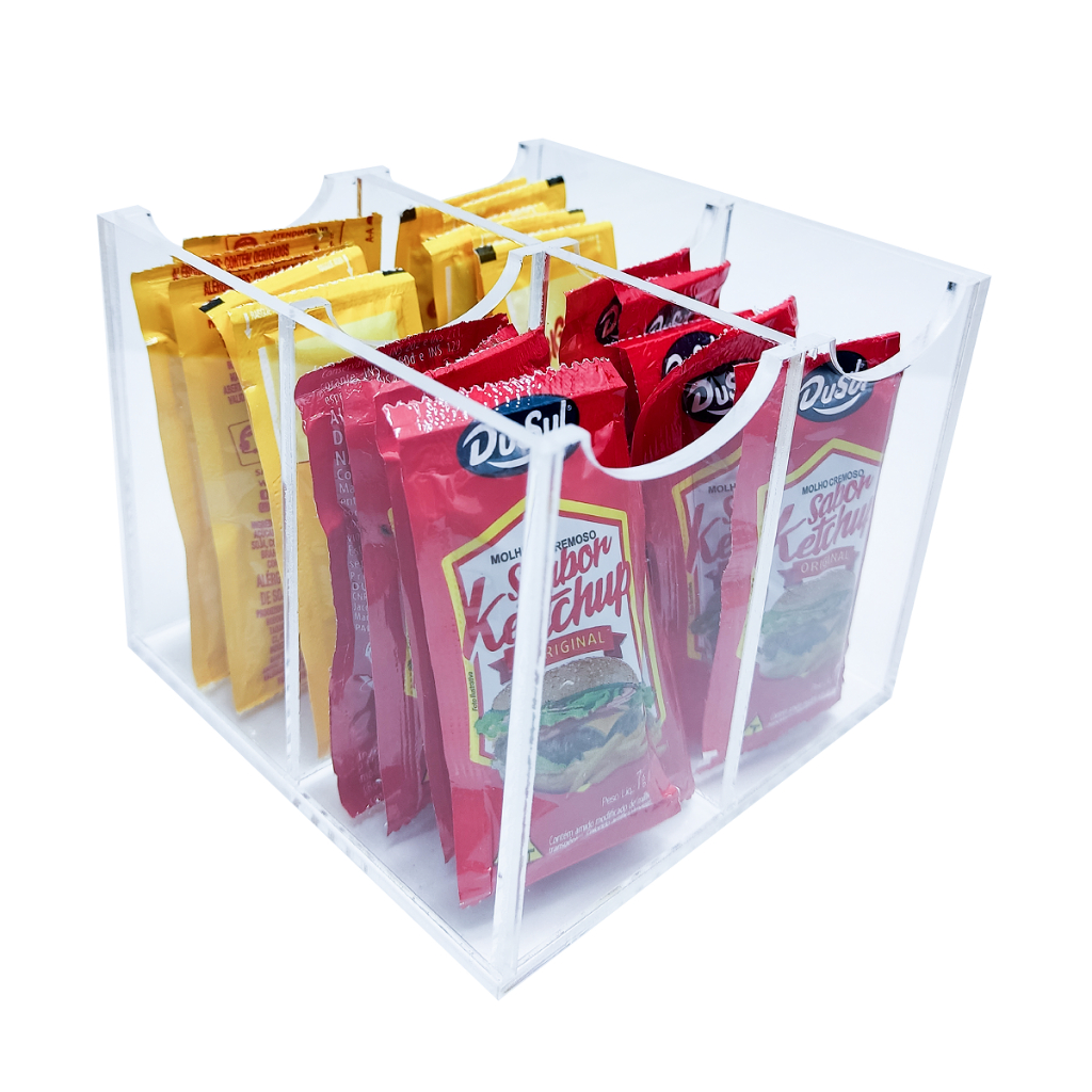 Caixa Porta Ketchup maionese mostarda Organizador de Sachês Com 4 Divisorias em Acrílico