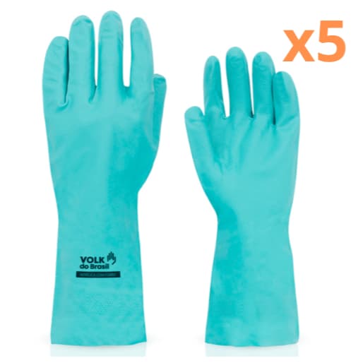 Kit 5 Luva Nitrilica Verde Com Forro CA Volk Louça Cozinha Produto Quimico Antialergica Limpeza