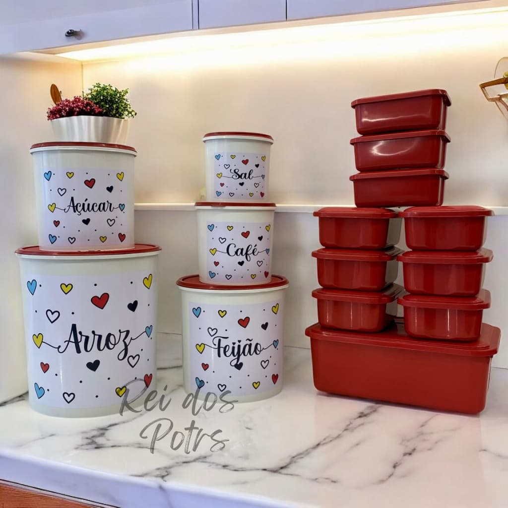 Kit potes mantimentos para cozinha 5 peças + 10 potes herméticos plástico