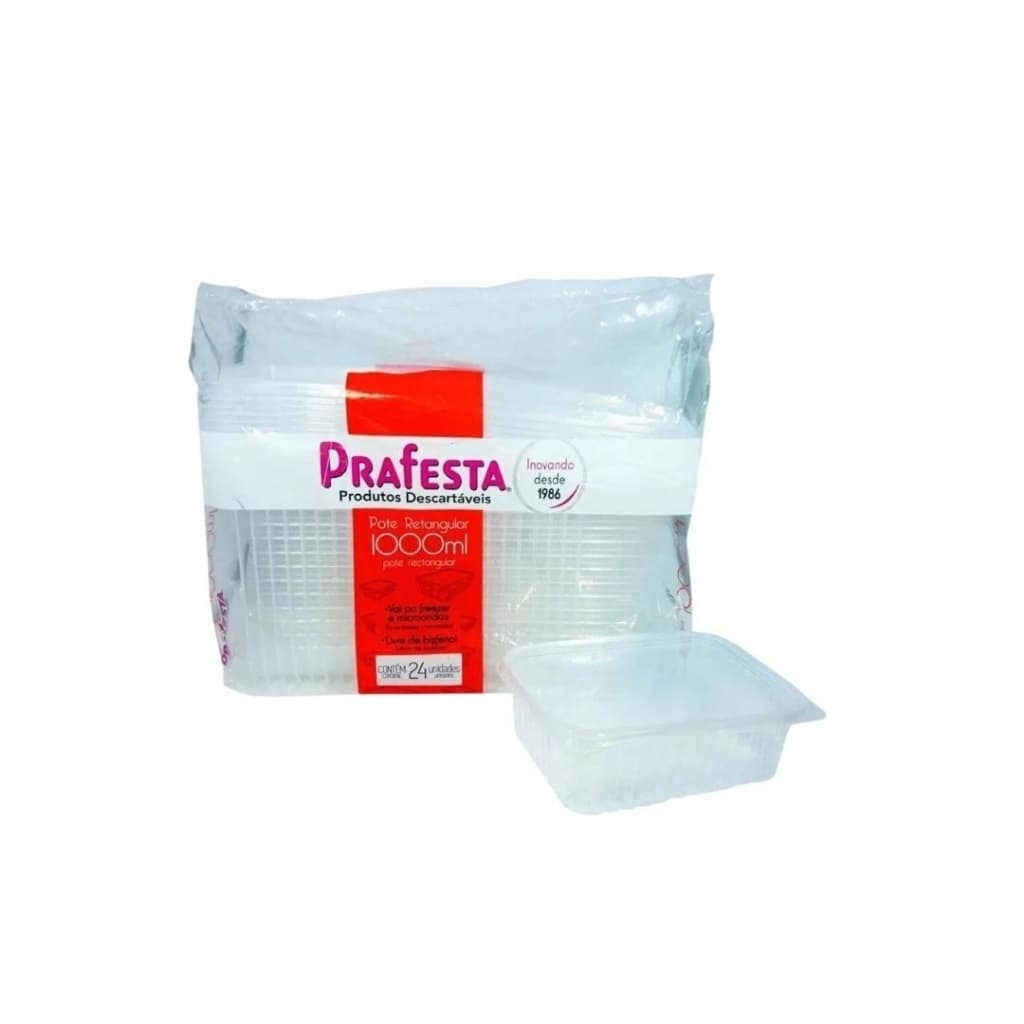 Kit Pote Retangular c/ Tampa 1000ml C/3 Pcts 24 Un PraFesta Marmita Delivery