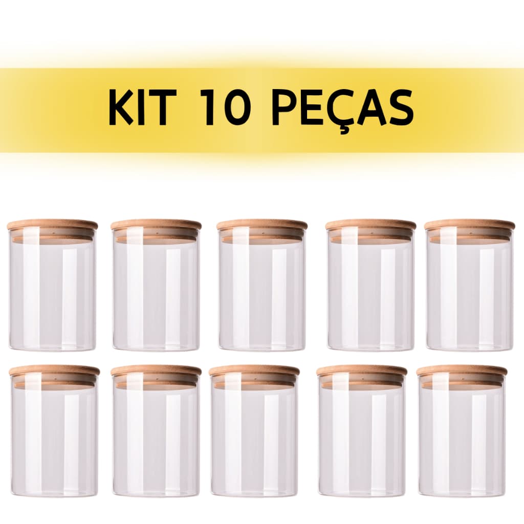 Kit 5/10 Peças Mini Pote De Vidro Redondo Tampa Bambu Hermético Condimento 200ml/300ml/350ml