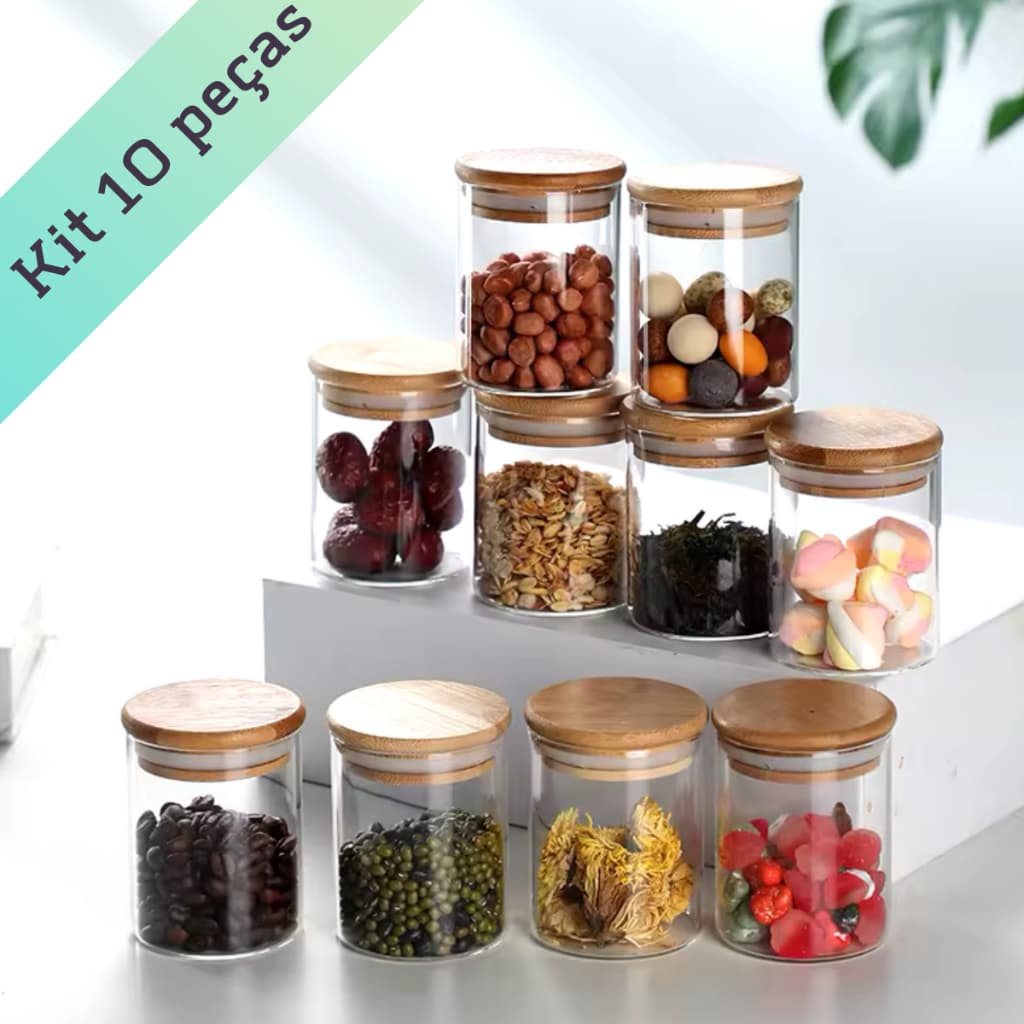 Kit 5/10 Peças Mini Pote De Vidro Redondo Tampa Bambu Hermético Condimento 200ml/300ml/350ml