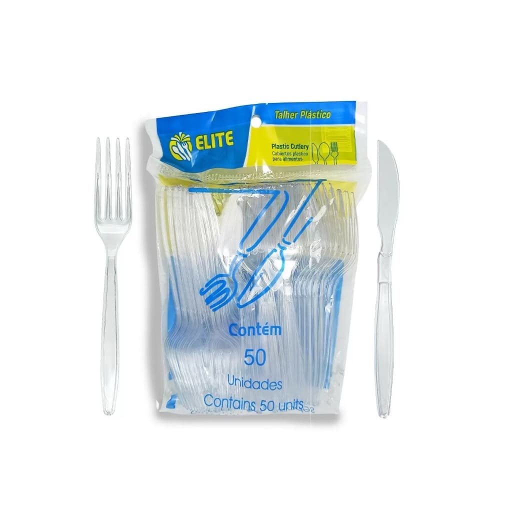 Kit Garfo e Faca Descartável Refeição Reforçado P/comida Cristal C/400