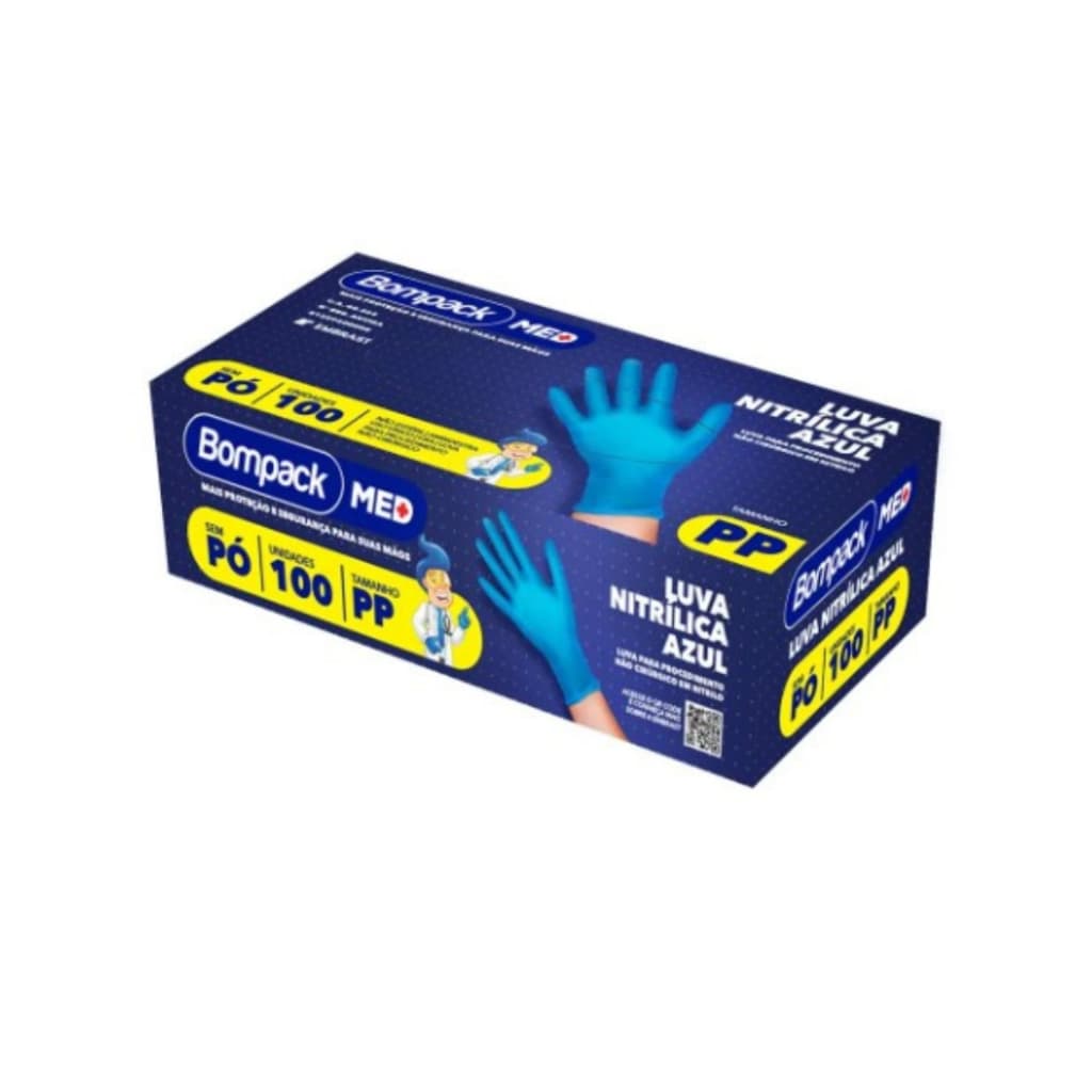 Caixa C/100 Luvas Azul Nitrílica Sem Pó (PP/GG) - Bompack