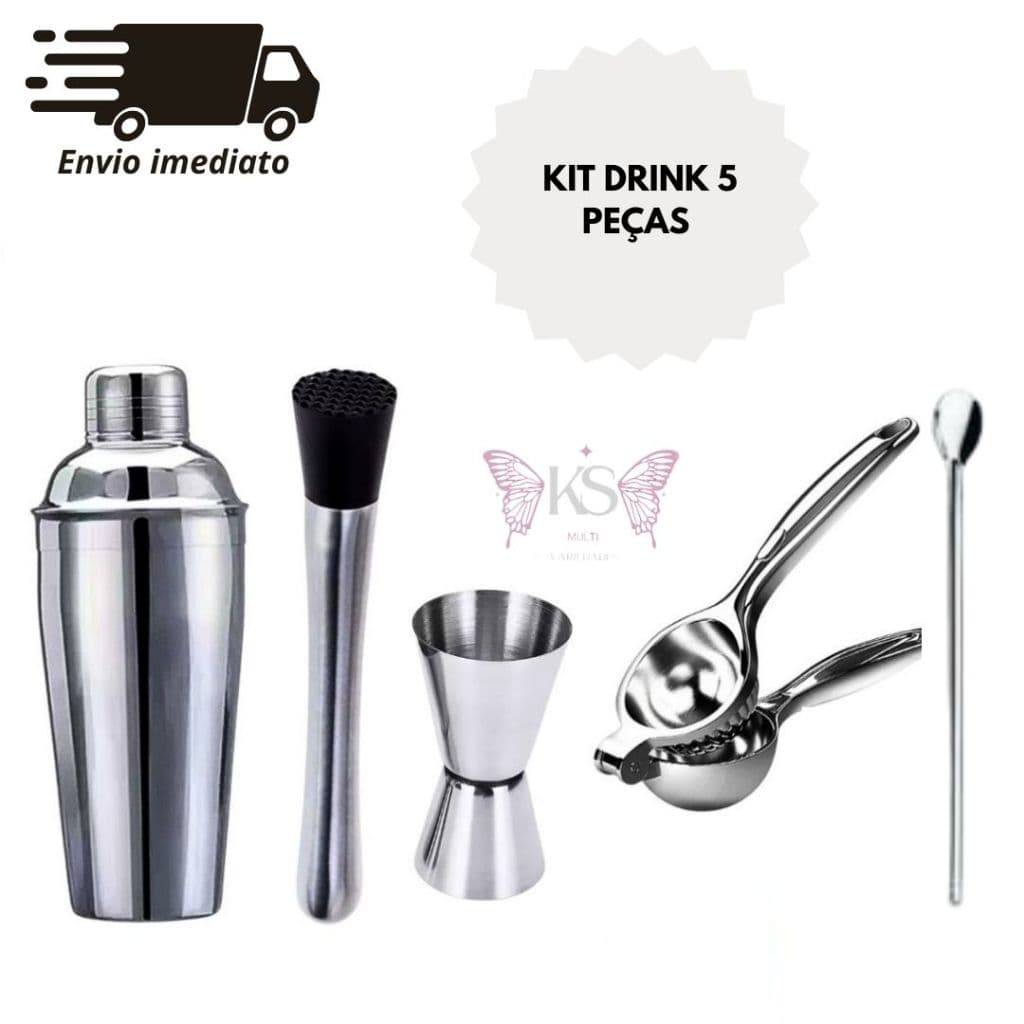 Kit Caipirinha 5 Itens Coqueteleira Inox 500 ml + Socador + Dosador Duplo + Espremedor de Limão + Colher Bailarina 30 cm