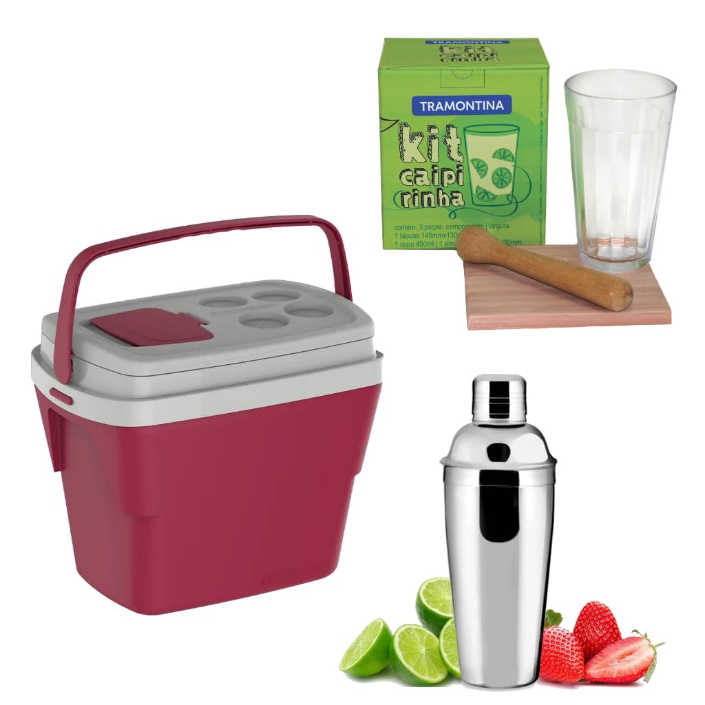 Kit Caixa Térmica 28L Vermelha + Jogo Caipirinha 3 Peças Tramontina + Coqueteleira Inox 500ml
