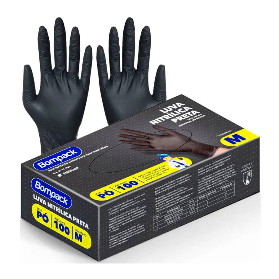 Kit 2 Caixas da Luva Nitrilica Bmpack Preta Tamanho M Com 100 Unidades