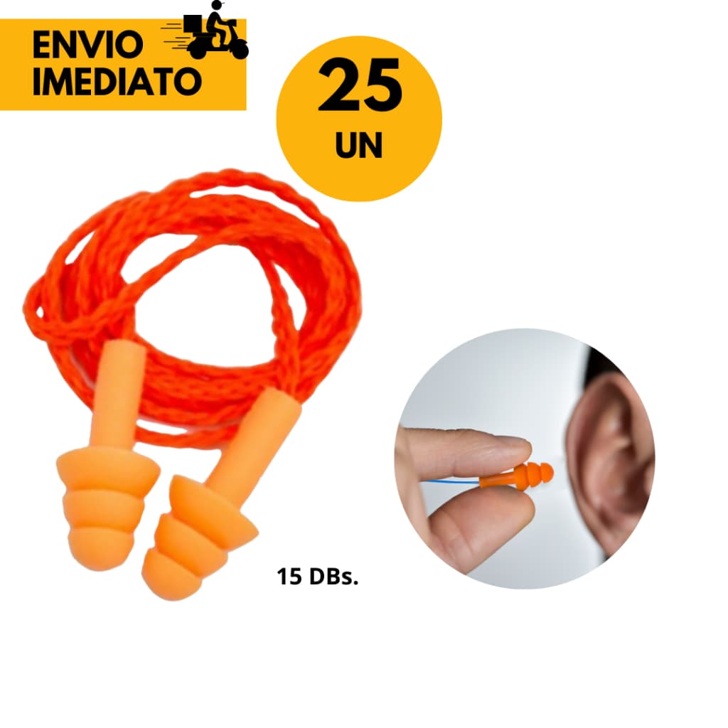 25 Un Protetor Auricular de Silicone c/ Cordão Tipo Plug Proteção Auditiva para Trabalhadores em Ambiente c/ Ruído Alto.