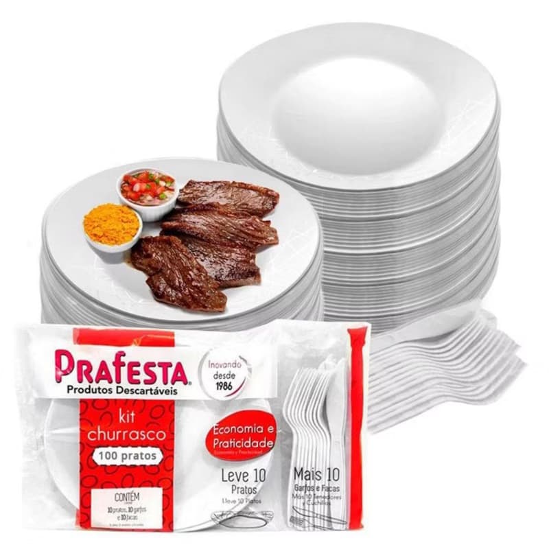 60conj Kit Churrasco Descartável Reforçado E Resistente Prato/Faca/Garfo