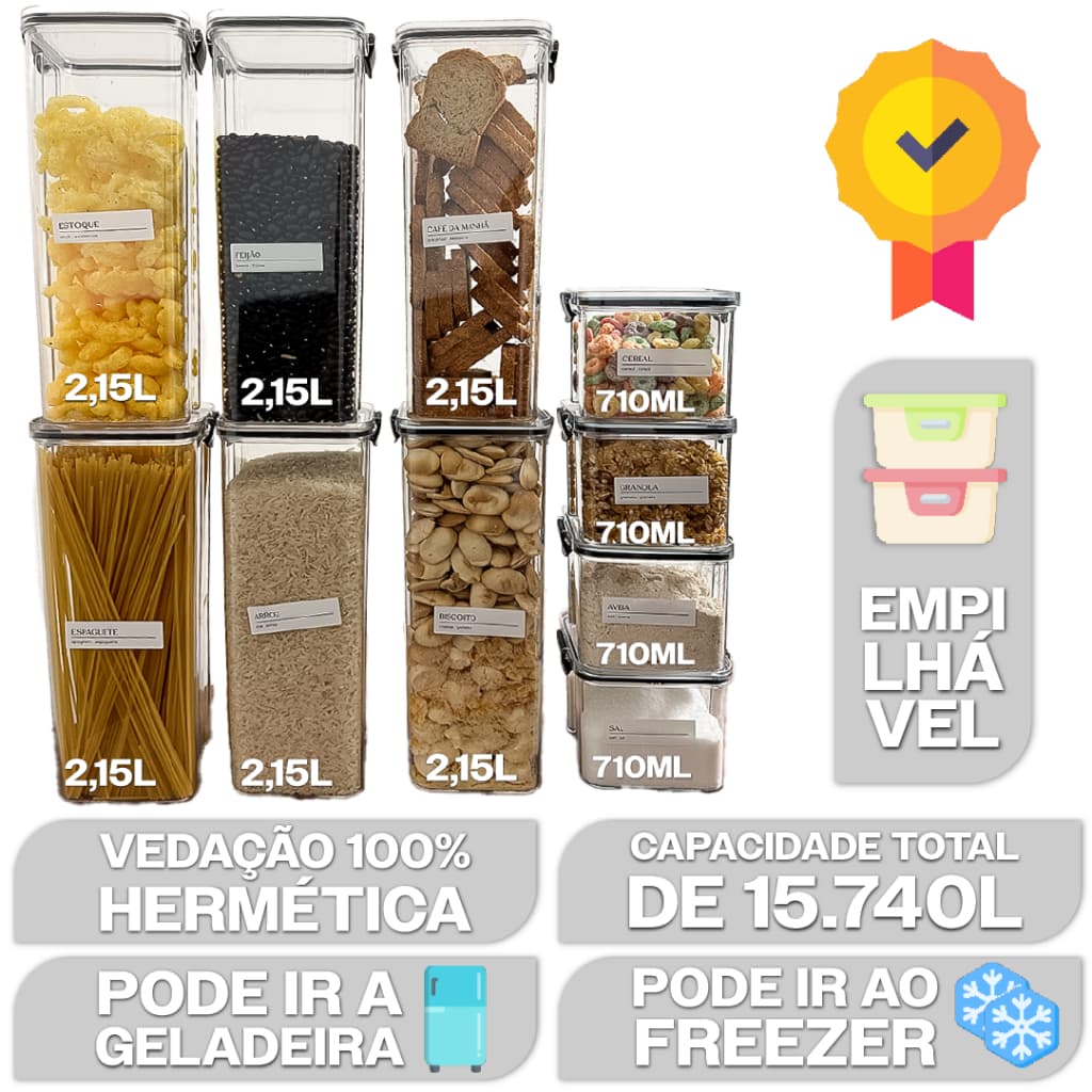 Kit 10 Peças Herméticos 6 POTES 2,15L + 4 POTES 710ml  Com Trava Reforçada 100% Vedado