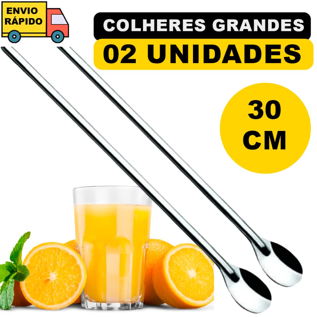 Colher Bailarina Kit 2 Colheres Grande 30 cm Para Sucos Drink Caipirinha Barman Em Aço Inox