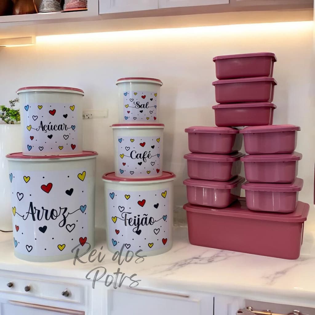 Kit mantimentos cozinha com 5 peças de plástico + jogo com 10 potes herméticos
