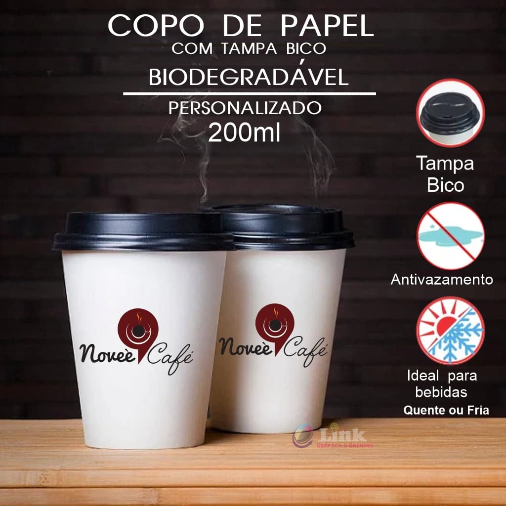 80 Copos de papel 200ml com tampa bico Personalizado