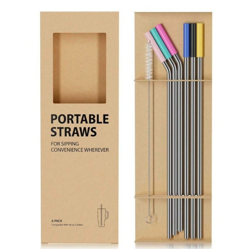 Kit com 6 Canudos de Inox Reutilizáveis Ecológicos para Garrafas Grandes, Livre de BPA com Escova de Limpeza