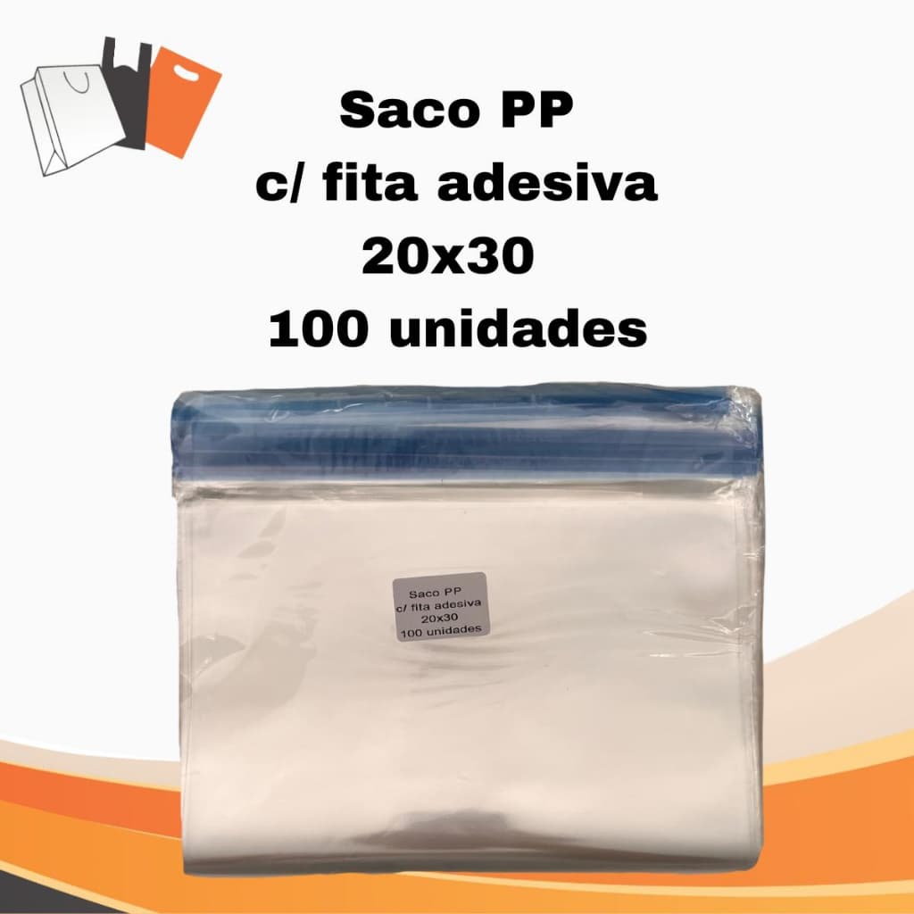 Saco Plástico PP Brilhoso 20x30 com 100 unid e com fita adesiva. Plástico transparente tipo celofane