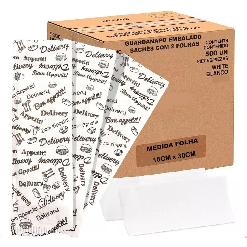 Guardanapo Embalado Sachê Delivery 500 Sachês 30x18 Personalizado 2 guardanapos por Sachê