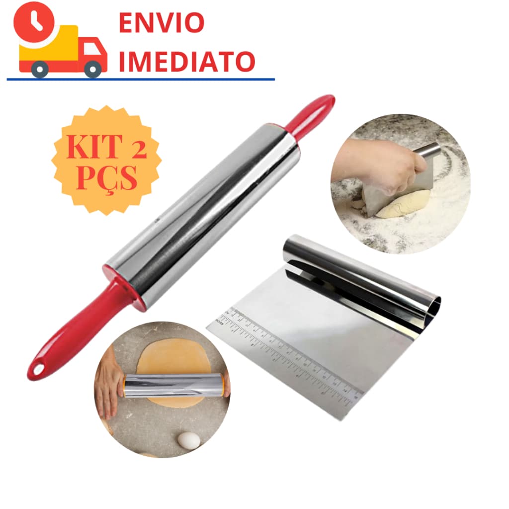 Kit Rolo e Espátula Raspador Cortador Confeiteiro Massa em Inox