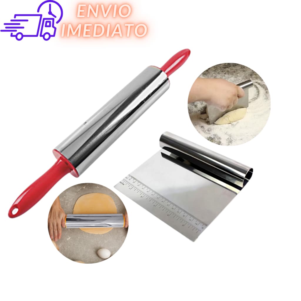 Kit Rolo e Espátula Raspador Cortador Confeiteiro Massa em Inox