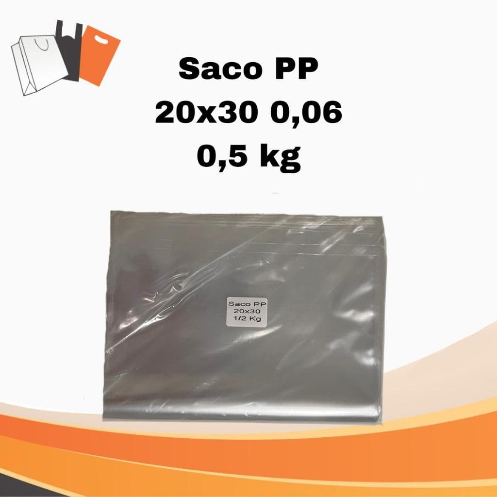 Saco plástico brilhoso PP 20x30 (0,06) com 0,50 kg (+- 140 unidades), transparente tipo celofane.