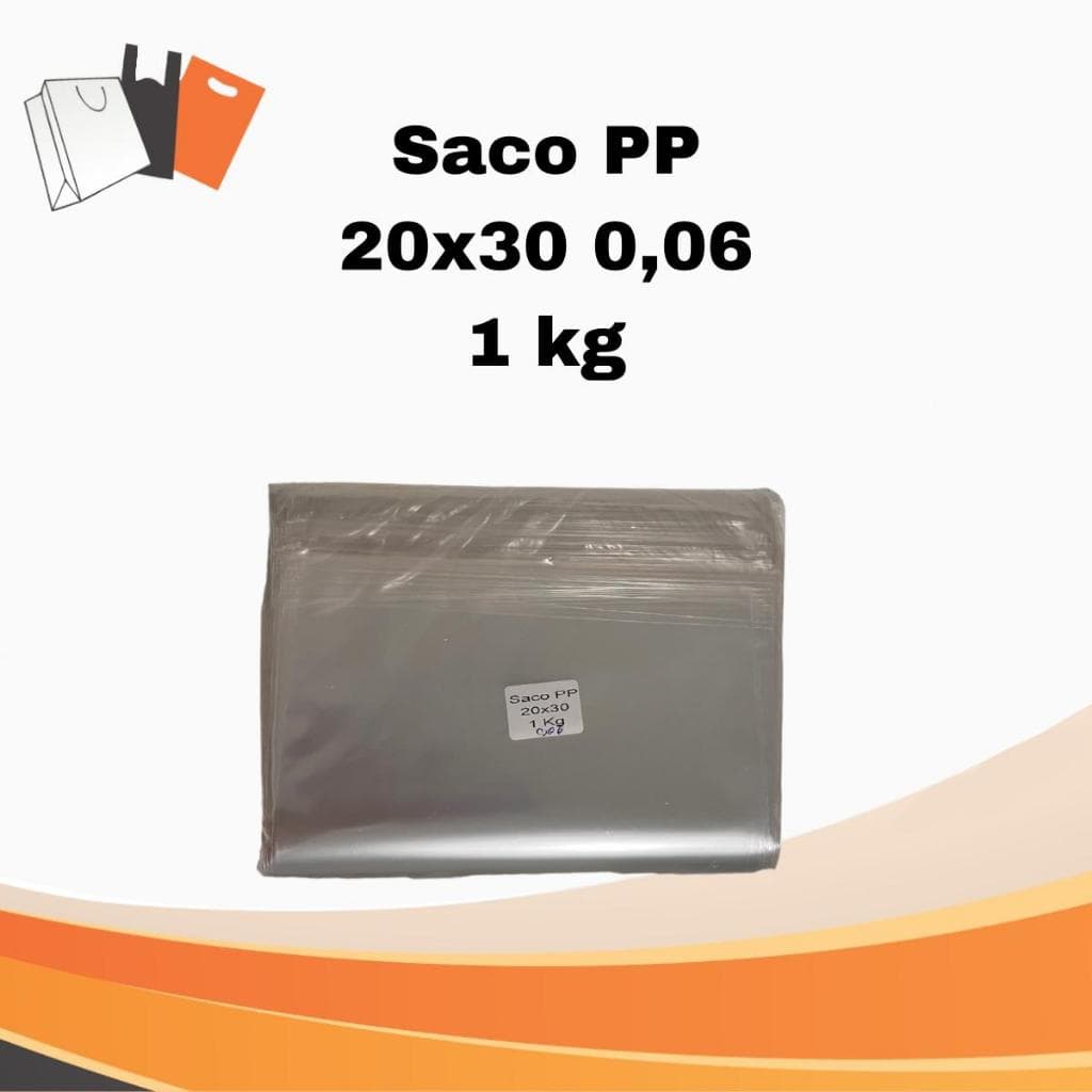 Saco PP plástico brilhoso 20x30 (0,06) com 1 kg (+- 280 unidades), transparente tipo celofane.