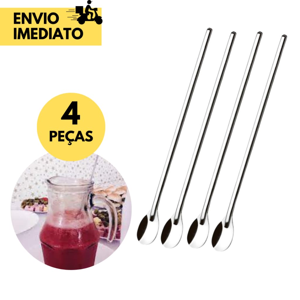 4 Colher de Suco Bailarina Longa Inox 30 Cm para Mexer Sucos, Leite Chá em Jarras Compridas Altas para Restaurantes Pada