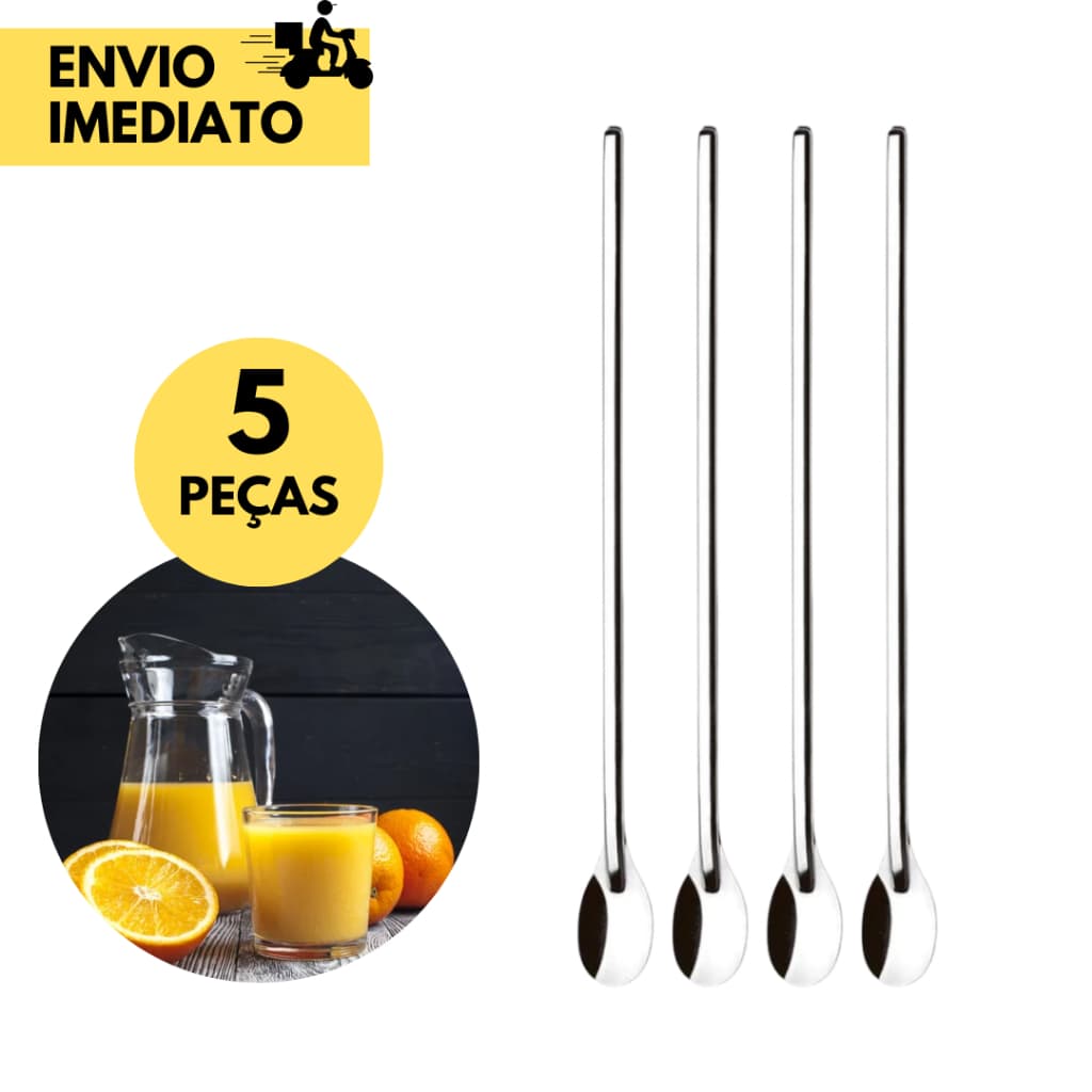 5 Colher de Suco Bailarina Longa Inox 30 Cm para Mexer Sucos, Leite Chá em Jarras Compridas Altas para R