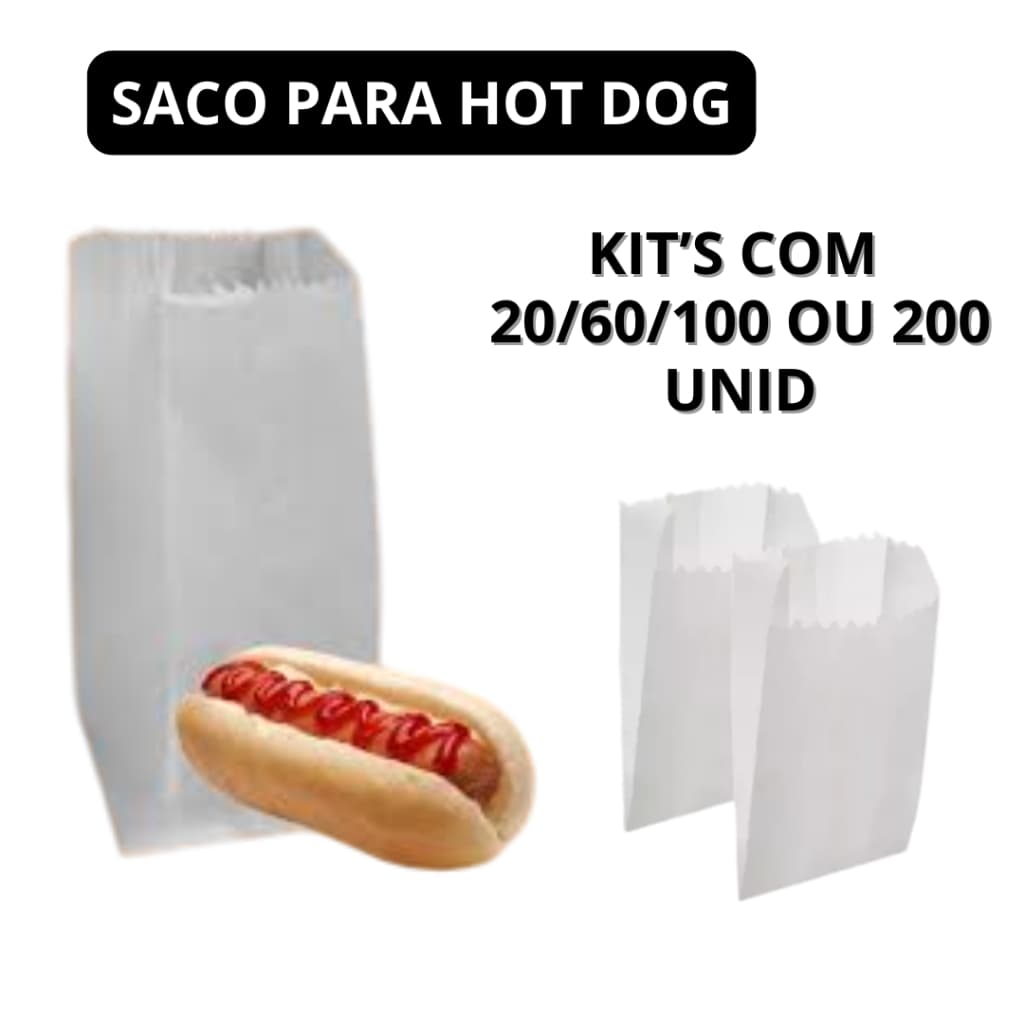 Saco Saquinho de Papel Hot Dog 7,5cm X 16,5cm Com 20/60/100 OU 200 Unidades Branco