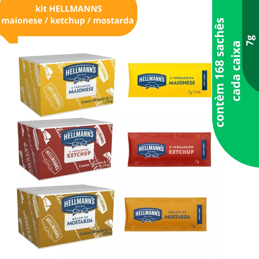Kit  Hellmanns Maionese, Ketchup E Mostarda I cx com sachês  de 7g 168 sachês caixa