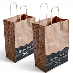 Kit 100 Sacols Kraft 18x28x11 Alça Torcida 'Happy Food' - Perfeitas para Delivery de Lanches e Refeições