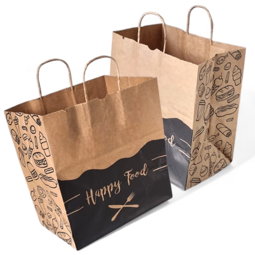 Kit com 100 Sacolas de Papel Kraft 30x31x19 cm com Alça Torcida Happy Food - Delivery de Lanches e Refeições