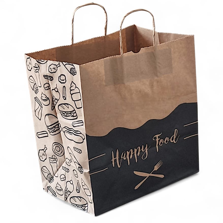 100 Sacolas Kraft Alça Torcida Delivery 30x31x19 (HAPPY FOOD) Tamanho Grande