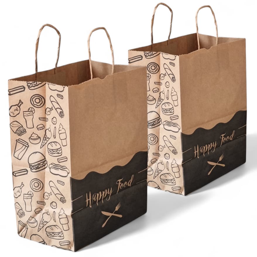 300 Sacolas De Papel Para Restaurante Delivery  24x30x14 - Sacolas Kraft Impressão Happy Food Médias