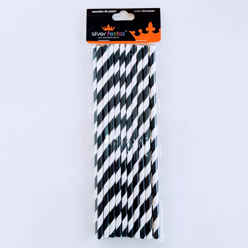 Canudo de Papel Listrado Preto e Branco c/20 Silver Festas