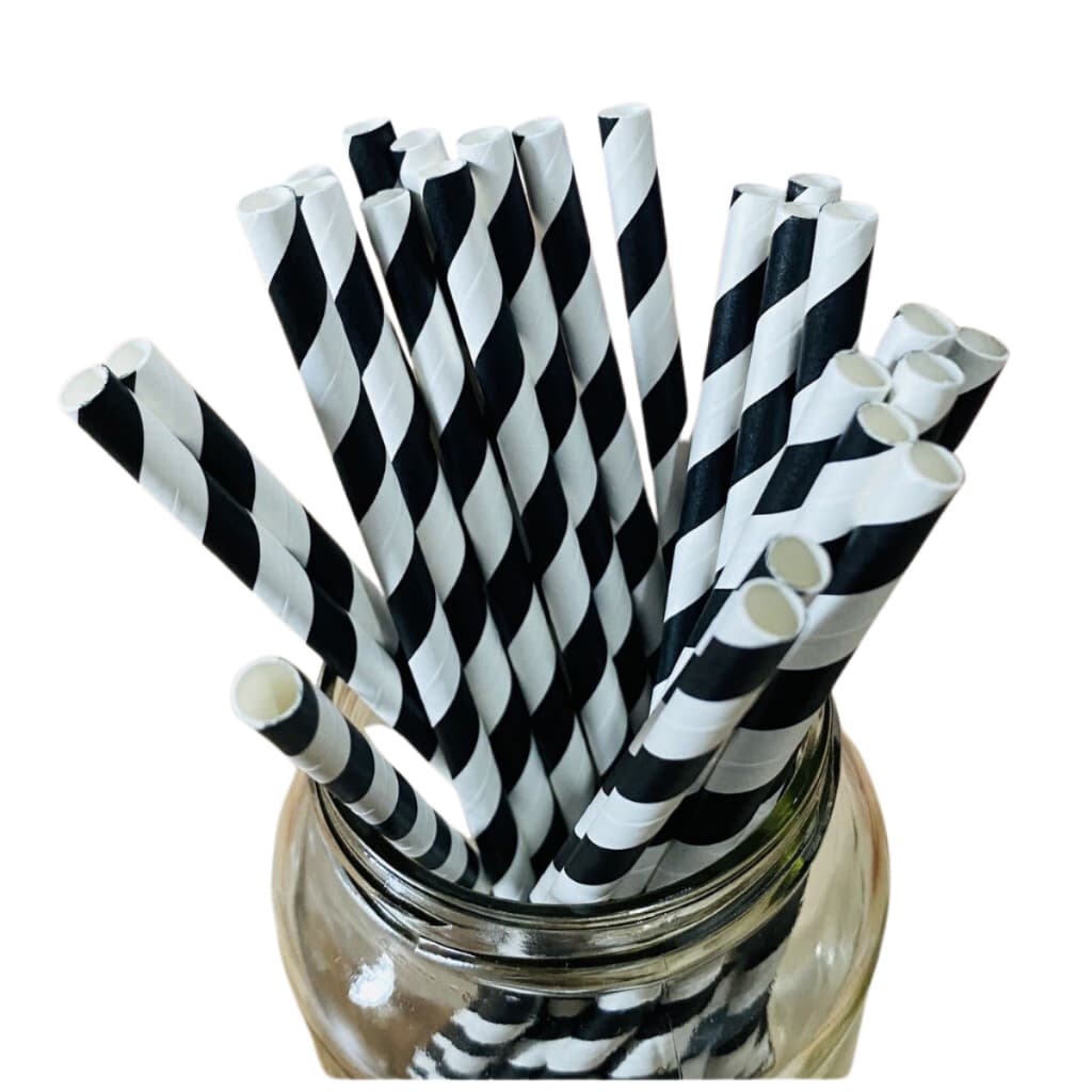 25 Canudos De Papel Biodegrádavel Vintage Balada Milk Shake Listrado Listras Preto