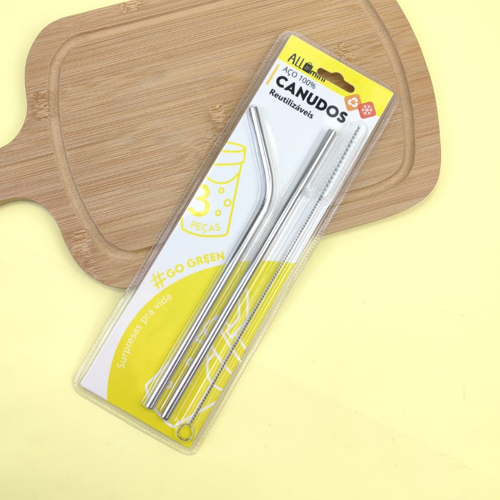 Kit Canudos Inox Reutilizáveis Sustentável e Prático 3 Peças - Allmini