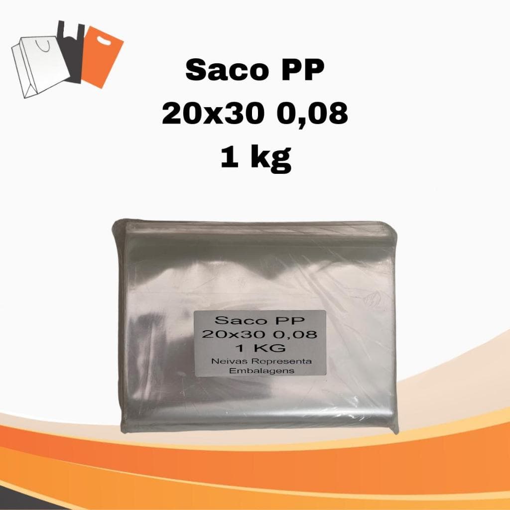 Saco plástico brilhoso PP 20x30 (0,08) com 1 kg (+-200 unidades), transparente, tipo celofane.