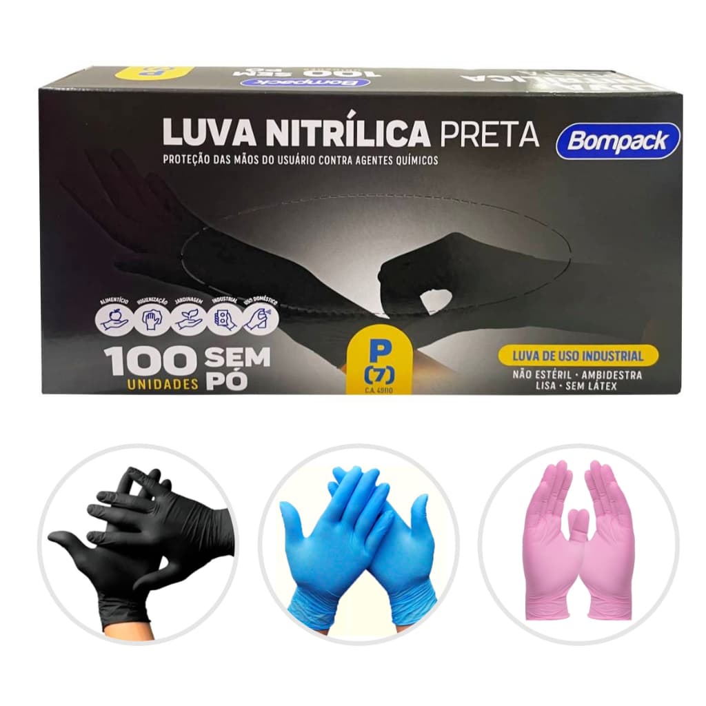 5 Caixas Luva Nitrílica Preta/Azul 500 Unidades Sem Pó Tatuagem Lanchonete Cozinha Antialérgica