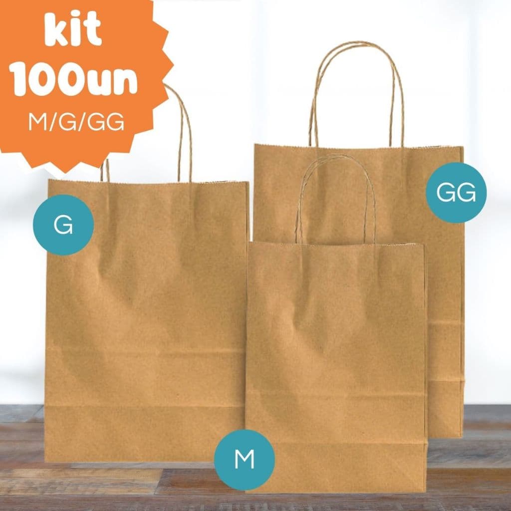 Kit Embalagem Sacola de Papel Tam M, G, GG com 100un Cada Kraft Delivery Ifood