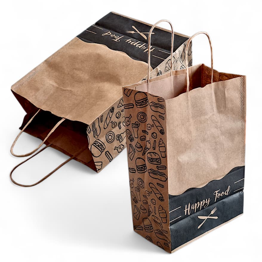 Kit com 100 Sacolas Kraft 'Happy Food' 18x28x11 com Alça Torcida - Ideais para Delivery de Lanches e Refeições