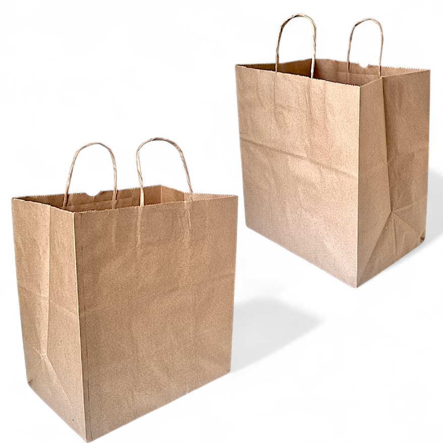 Kit com 100 Sacolas de Papel Kraft 30x31x19 cm com Alça Torcida para Delivery de Lanches e Refeições