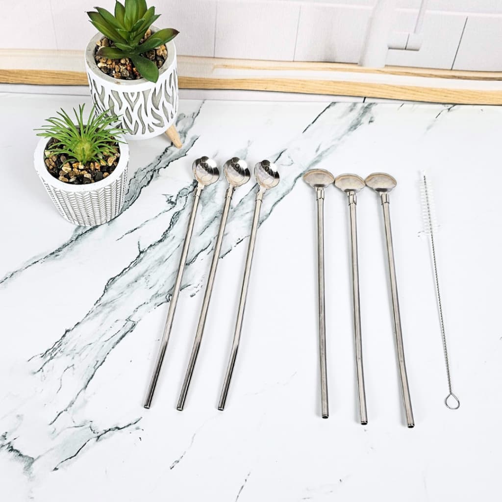 Kit 7 peças com 6 Colher Canudo de aço inox reutilizável sustentável + 1 escova de limpeza MIMI