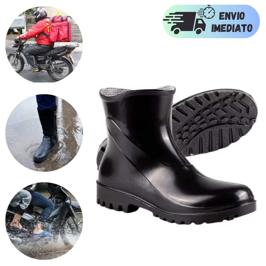 BOTA PVC GALOCHA BORRACHA PRETA CANO CURTO FORRADA ANTIDERRAPANTE IMPERMEÁVEL LIMPEZA MOTO CHUVA