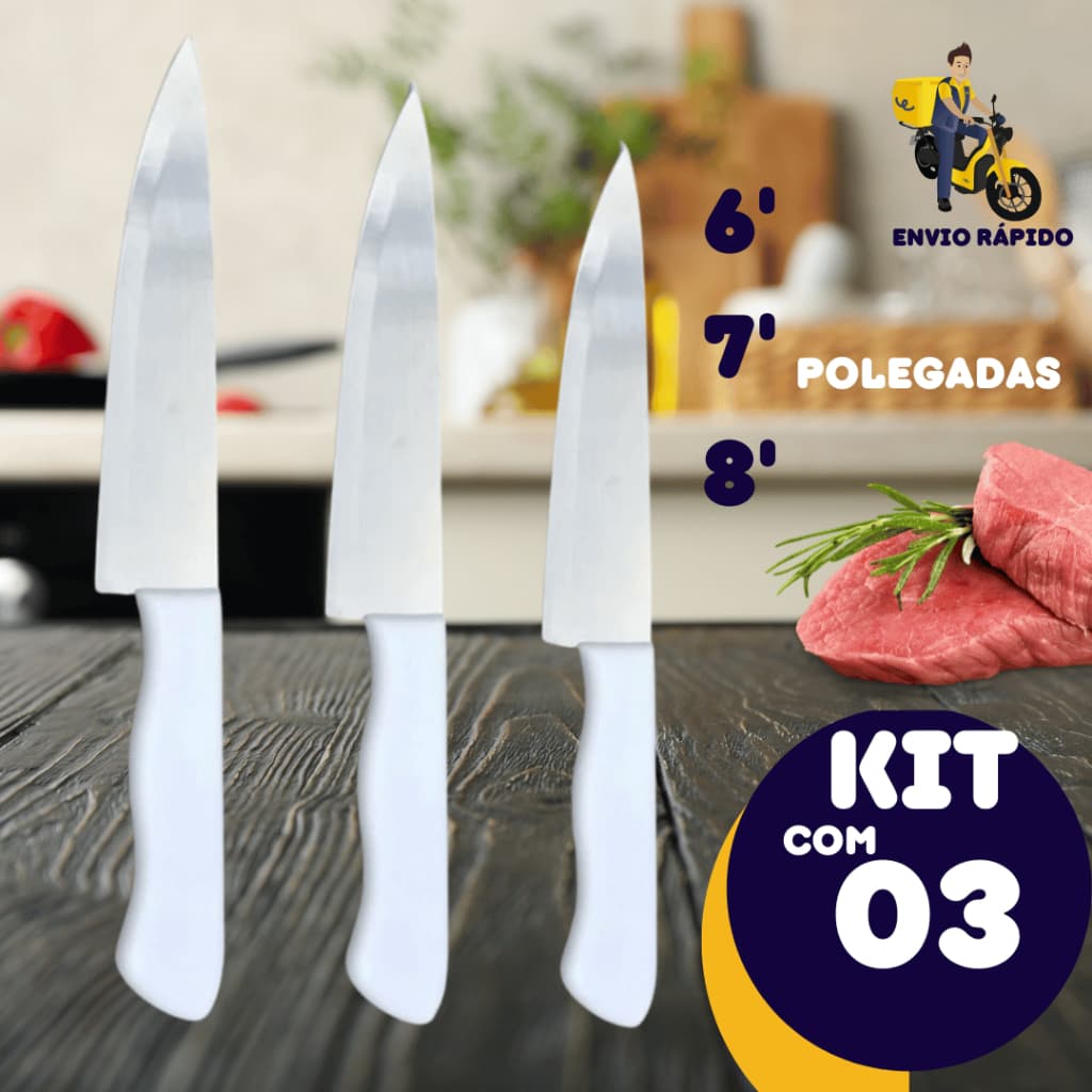Kit 03 Facas  Peixeira Aço Inox Do Chef Com Cabo Branco 6' 7 ' 8' Polegadas Profissional