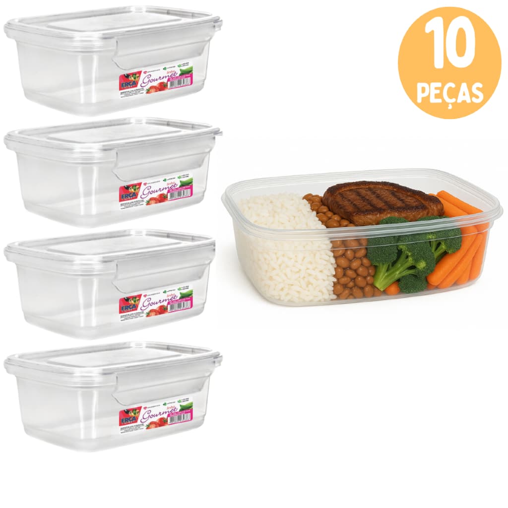 Potes Marmita 1400ml Hermetico de Plastico Com Trava Microondas e Freezer Fitness Kit 6 ou 10 Peças